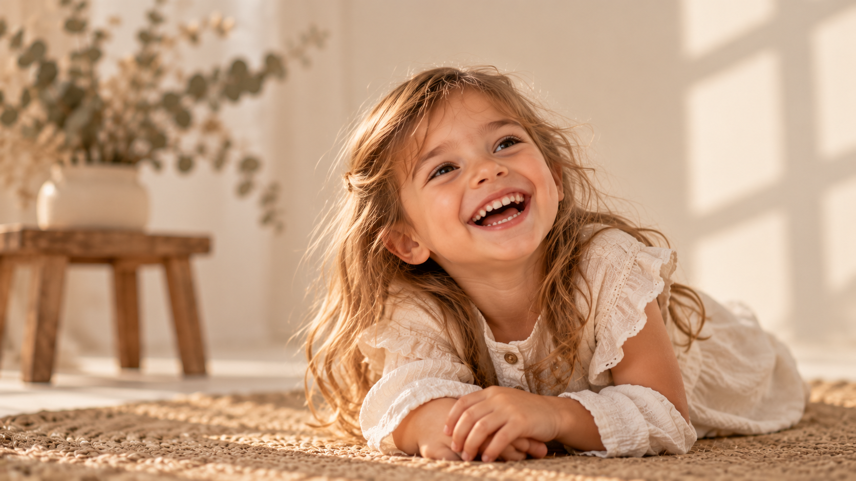 Risa infantil entre luz cálida y flores secas